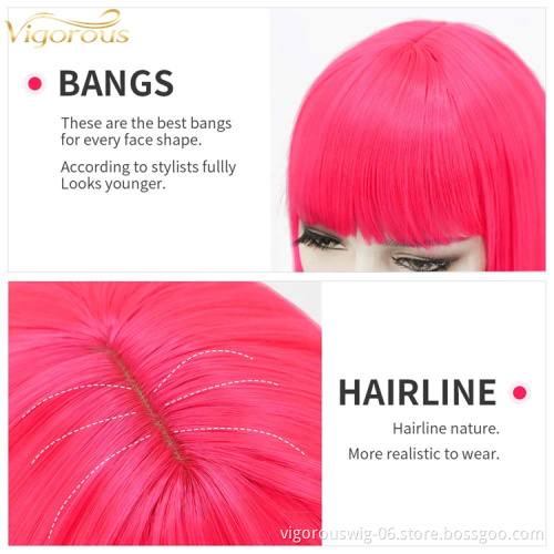 Wholesale Prices Red Natural Color Women Cheap No Lace With Bang Synthetic Heat Resistant Short Hair Wigs Straight Bob Cut Hair